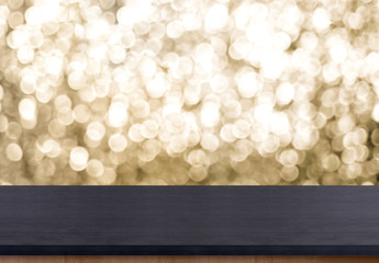 Leinwandbilder - Empty old rustic black wood table top with blur sparkling gold bokeh background,panoramic banner for display or montage of product,Holiday seasonal concept backdrop.