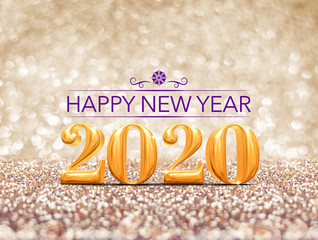 Poster - happy new year 2020 year gold number ( 3d rendering ) at sparkling golden glitter studio background ,Holiday Greeting card.Banner mock up for display of design