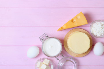 Wall Mural - set of dairy products on the table top view.