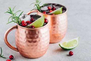 Wall Mural - Holiday Moscow Mule ice cold Cocktail in copper cup with cranberries, lime and rosemary on stone background.