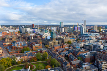 Wall Mural - Aerial photo of the Leeds town centre in the UK showing the Leeds Town Hall with construction work being done on the tower