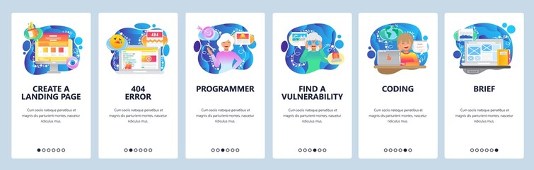 Mobile app onboarding screens. 404 error message, female software engineer, coding, search vulnerability. Vector banner template for website and mobile development. Web site design flat illustration