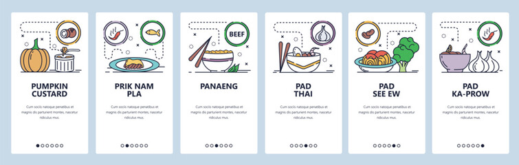 Wall Mural - Mobile app onboarding screens. Thai spicy cuisine, food menu, pad thai, panaeng, sauce, rice. Vector banner template for website and mobile development. Web site design flat illustration