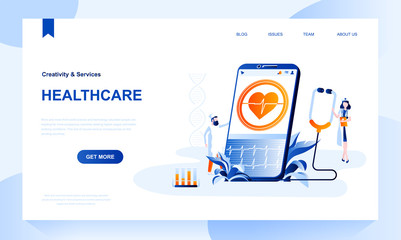Aufkleber - Healthcare vector landing page template with header. Medical homepage banner design with flat illustrations