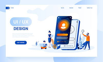 Ui, ux design vector landing page template with header. Application interface designers web banner, homepage design with flat illustrations