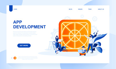 App development vector landing page template with header. Mobile application programming web banner, homepage design with flat illustrations