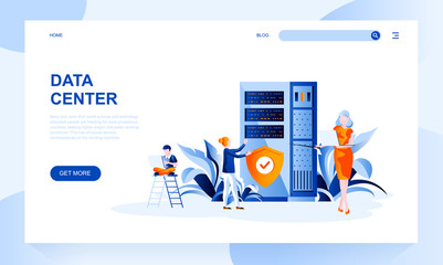 data center vector landing page template with header. computer systems and telecommunications web ba