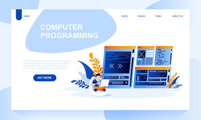 Wall Mural - computer programing vector landing page template with header. writing source code web banner, homepa