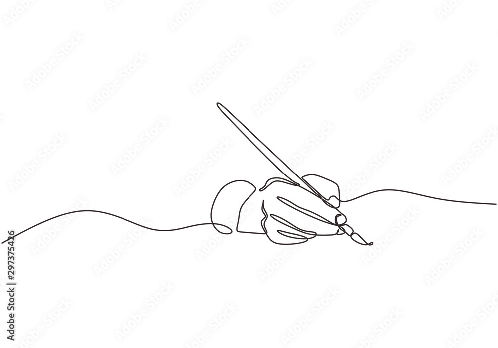 Single line drawing of hand golding art painting brush to make an artwork. Concept of artist painter minimalism design vector. - obrazy, fototapety, plakaty 
