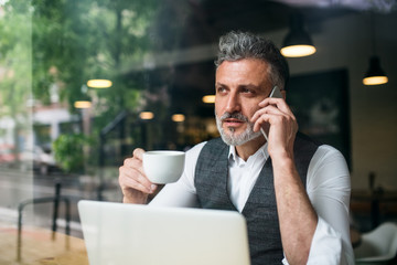 Wall Mural - Mature man with laptop at the table in a cafe, using smartphone.