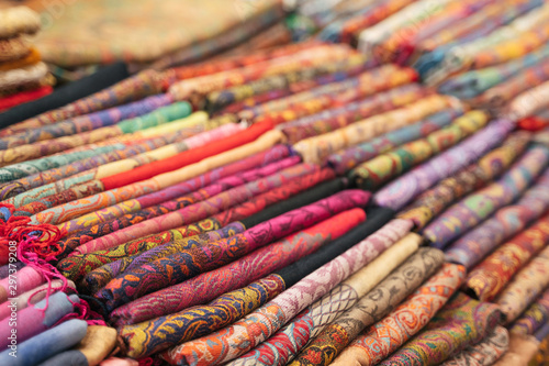Traditional Indian fabric store. Colorful traditional indian textile fabric wrap scarfs