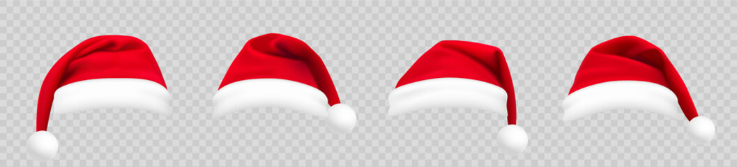 realistic set of red santa hats. new year red hat. - stock vector.