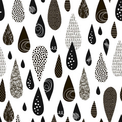 Wall Mural - Raindrops hand drawn color vector seamless pattern. Monochrome doodle dribbles on white background. Decorative zigzag, scrabble, circle spot drops flat illustration. Textile, wrapping paper design