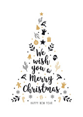 Wall Mural - christmas tree greeting text calligraphy with icon ornament elements golden on white isolated backgr