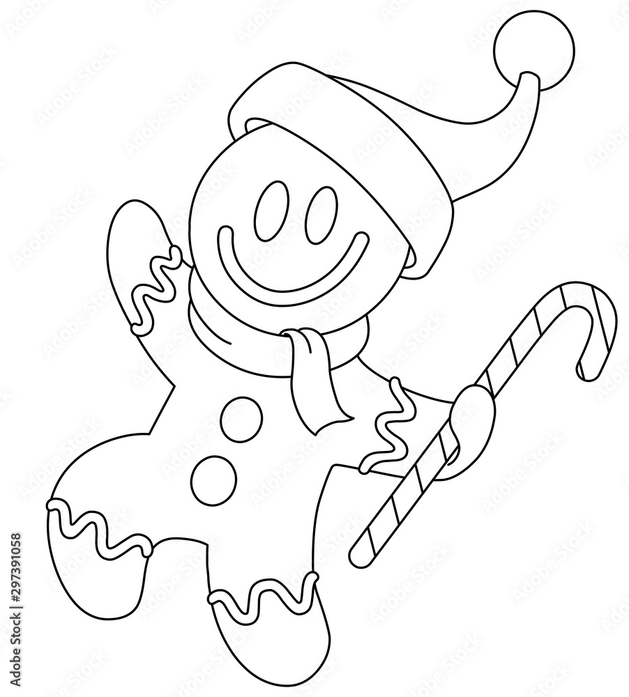 outlined gingerbread man with santa hat stock vector | adobe stock