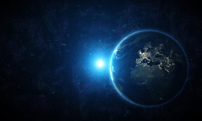 view of planet earth from space during a sunrise. europe at night viewed from space at night with ci