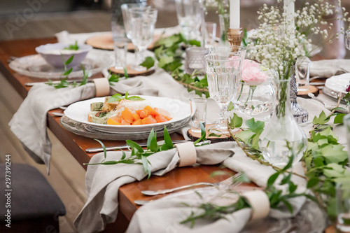 Hot dish. Rustic decoration from natural things for a perfect wedding reception. Boho party. Elegant catering.