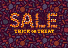 Happy Halloween Sale Typography Poster. Holiday Advertisement Lettering. Candy Corn Text Effect. Trick Or Treat Backdrop