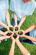© Viktoriia - Volunteering. Young people volunteers outdoors together holding trees seedlings hands top view close-up