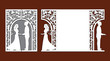 © Natallia - Laser cut template of wedding invitation card with bride and groom. Gate fold with openwork vector silhouette. Envelope for greeting postcard with lace decor arch. Panel with decorative design pattern