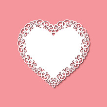 Laser Cut Template Of Ornamental Frame With Openwork Decoration On Red Background. Wedding Or Valentine's Day Invitation Card With Lacy Edge Of Border. Vintage Style. Shape Of Heart Vector Silhouette.