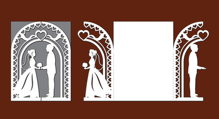 Wall Mural - Laser cut template of wedding invitation card with bride and groom. Gate fold with openwork vector silhouette. Envelope for greeting postcard with lace arch. Panel with decorative heart design pattern