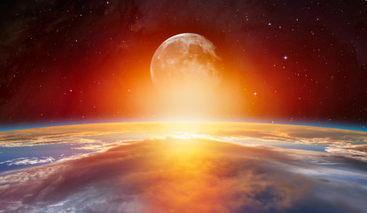 Wall Mural - planet earth with moon on the foreground spectacular sunset 