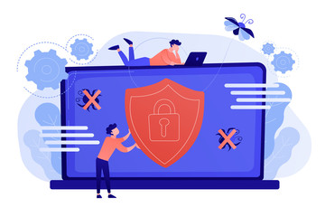 A man before laptop with shield and lock on the screen. Anti virus software, anti-malware, spyware, trojan, adware as internet security concept. Violet palette. Pink coral blue vector illustration on