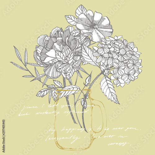 Bouquet. Spring Flowers and twigs. Peonies, Hydrangea, Rose. Vintage botanica...