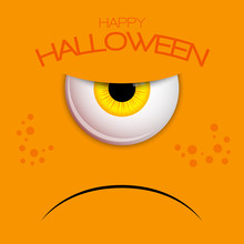 Funny Halloween Greeting Card Monster Yellow Eyes. Vector Isolated Illustration On Orange Background