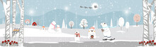 Winter Landscape At Night, Vector Of Winter Wonderland, Polar Bear Looking Up At Santa Claus And Reindeers And Drinking Hot Chocolate Drinks Celebreation On Christmas Night.