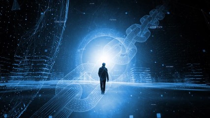 Wall Mural - Person walks in futuristic digital blockchain cyberspace network.