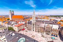 Panoramic Aerial View Of Munich Central Square With Town Hall And Frauenkirche Church. Travel And Sightseeing Landmarks In Germany