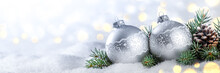 Silver Christmas Balls With Pine-cone And Branches On Snow With Golden Bokeh Background - Christmas/New Year