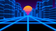 Blue city Synthwave retro futuristic 80's neon cyber landscape with laser grid - 3D illustration render