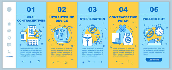 Safe sex onboarding mobile web pages vector template. Oral contraceptive. Responsive smartphone website interface idea with linear illustrations. Webpage walkthrough step screens. Color concept
