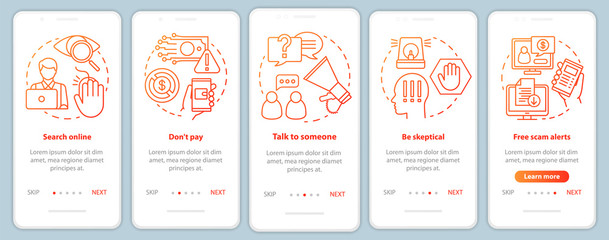 Scam prevention onboarding mobile app page screen vector template. Walkthrough website steps with linear illustrations. Search online. UX, UI, GUI smartphone interface concept