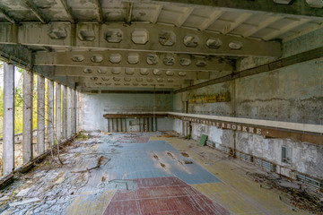  City ghost Pripyat. Chernobyl Exclusion Zone. The accident at the Chernobyl nuclear power plant. The consequences of the accident. Yellow radiation sign. Dangerous territory. Infection with radiation.