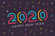© Pedro - Vector Happy new year 2020 background with retro geometric colorful text and explosion of geometric shapes. For seasonal holiday web banners, flyers and festive posters