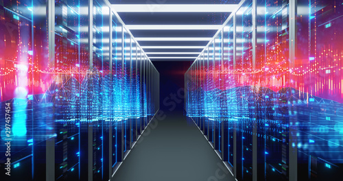 Fotografía Corridor of server room with server racks in datacenter