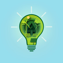 Paper Cut Light Bulb Of Green Ecology And Environment Conservation Concept.Vector Illustration.