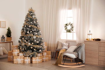 Sticker - Beautiful interior of living room with decorated Christmas tree