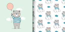 Draw Card And Print Pattern Bear For Fabric Textiles Kids.