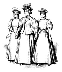 Sticker - Woman with Two Girls, vintage illustration