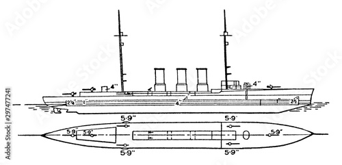 Fotomural Japanese Imperial Navy Tatsuta Battlecruiser, vintage illustration