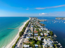 Aerial View Of Anna Maria Island Town And Beaches, Barrier Island On Florida Gulf Coast. Manatee County. USA
