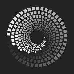 geometric shapes with different grayscale that makes a concentric dashed lines or circles. Halftone optical illusion effect.