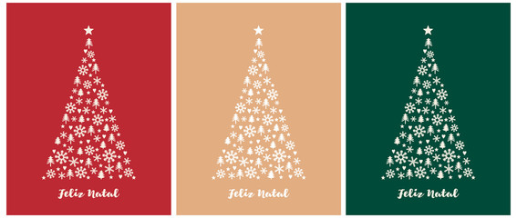 Merry Christmas-Feliz Natal,Portuguese Christmas Vector Card.White Christmas Tree on a Red, Beige and Green Background. Christmas Illustration in 3 Different Colors.Tree Made of Star, Heart, Snowflake