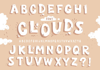 Poster - White font clouds on the beige background. Vector letters set