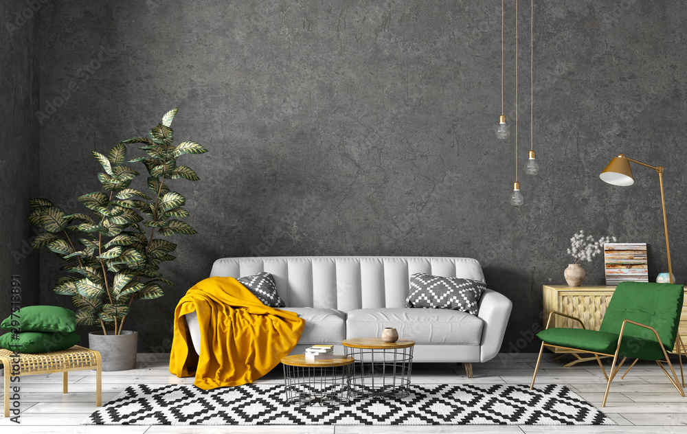 Modern interior of living room with grey sofa, coffee tables, green armchair against black concrete wall 3d rendering - obrazy, fototapety, plakaty 